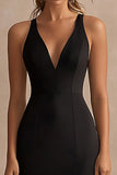 Black Satin V Neck Long Sheath Formal Dress with Slit