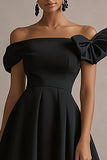 Black Satin Off The Shoulder Midi A Line Formal Dress with Bow