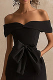 Black Satin Mermaid Off The Shoulder Long Formal Dress with Slit