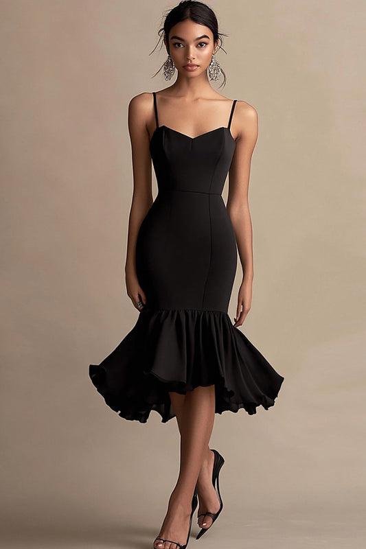 Black Spaghetti Straps Mermaid Midi Cocktail Dress with Ruffles