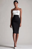 Black and White Bodycon Satin Strapless Midi Cocktail Dress