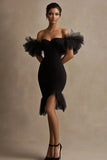 Black Satin Off The Shoulder Bodycon  Short Cocktail Dress with Ruffles
