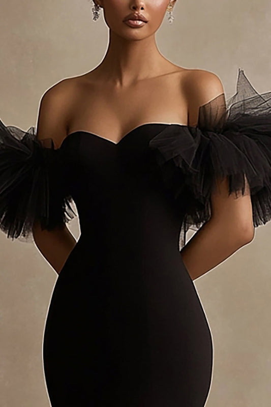 Black Satin Off The Shoulder Bodycon  Short Cocktail Dress with Ruffles