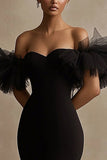 Black Satin Off The Shoulder Bodycon  Short Cocktail Dress with Ruffles