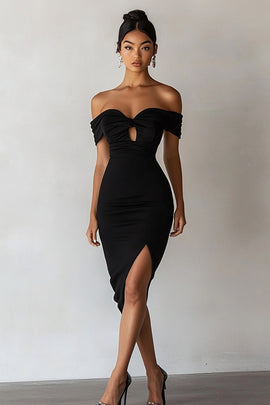Black Off The Shoulder Bodycon Short Keyhole Cocktail Dress with Slit