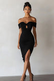 Black Off The Shoulder Bodycon Short Keyhole Cocktail Dress with Slit