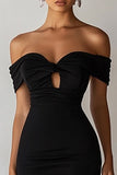 Black Off The Shoulder Bodycon Short Keyhole Cocktail Dress with Slit