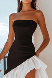 Black and White Strapless A Line Asymmetrical Cocktail Dress with Ruffles