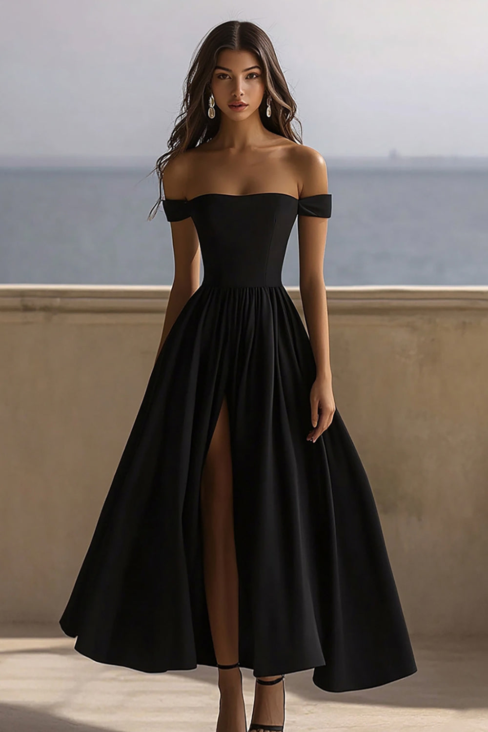 Black Satin Off The Shoulder Long A Line Formal Dress with Slit