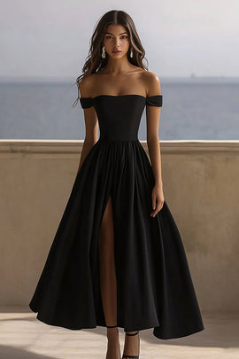 Black Satin Off The Shoulder Long A Line Formal Dress with Slit