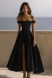 Black Satin Off The Shoulder Long A Line Formal Dress with Slit
