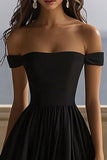Black Satin Off The Shoulder Long A Line Formal Dress with Slit