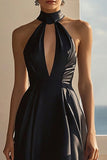 Black Chiffon Halter High-Low A Line Cocktail Homecoming Dress with Keyhole