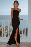 Black Satin One Shoulder Mermaid Long Formal Dress with Slit