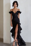 Black Cold Shoulder Sheath Long Formal Dress with Ruffles