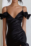 Black Cold Shoulder Sheath Long Formal Dress with Ruffles