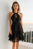 Black Chiffon Halter A Line Short Tiered Cocktail Dress with Keyhole