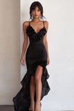 Black Bodycon Spaghetti Straps High-Low Formal Dress with Ruffles