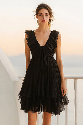 Black Chiffon A Line V Neck Short Cocktail Dress with Ruffles
