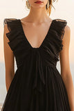 Black Chiffon A Line V Neck Short Cocktail Dress with Ruffles