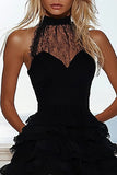 Black Lace High Neck A Line Short Tiered Cocktail Homecoming Dress