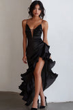 Black Spaghetti Straps Mermaid Ruffled High-Low Formal Dress