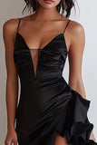 Black Spaghetti Straps Mermaid Ruffled High-Low Formal Dress