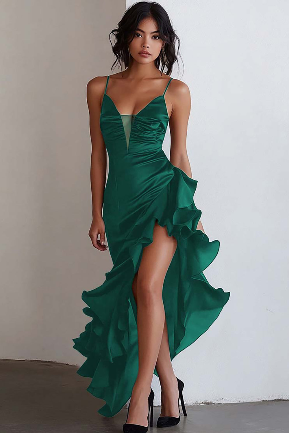 Black Spaghetti Straps Mermaid Ruffled High-Low Formal Dress