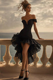 Black Organza High-Low Ruffled Cocktail Dress Off The Shoulder A Line Little Black Dress