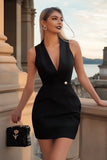 Black Deep V-Neck Satin Short Bodycon Cocktail Dress