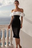 Black and White Off The Shoulder Satin Bodycon Midi Cocktail Dress