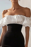 Black and White Off The Shoulder Satin Bodycon Midi Cocktail Dress