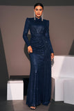 Sparkly Navy Sequin Mermaid Long Prom Dress with Side Cape