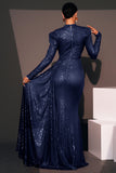 Sparkly Navy Sequin Mermaid Long Prom Dress with Side Cape