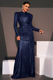 Sparkly Navy Sequin Mermaid Long Prom Dress with Side Cape