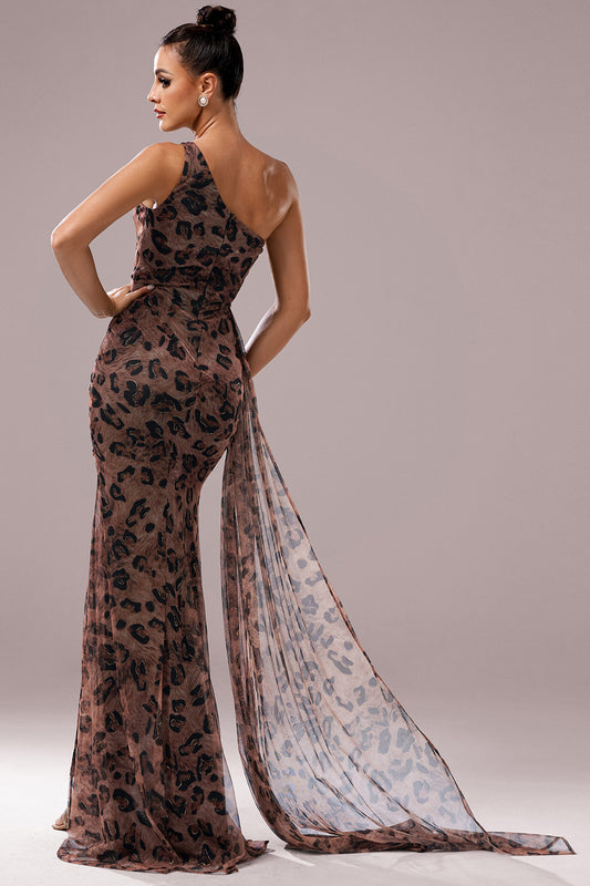 Brown Leopard Print Mermaid Front Twist Long Prom Dress with Slit