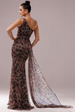Brown Leopard Print Mermaid Front Twist Long Prom Dress with Slit