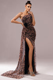 Brown Leopard Print Mermaid Front Twist Long Prom Dress with Slit