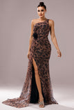Brown Leopard Print Mermaid Front Twist Long Prom Dress with Slit