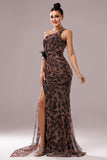Brown Leopard Print Mermaid Front Twist Long Prom Dress with Slit