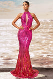 Sparkly Fuchsia Mermaid Sequin Long Prom Dress with Keyhole
