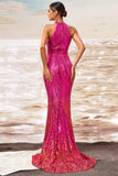 Sparkly Fuchsia Mermaid Sequin Long Prom Dress with Keyhole