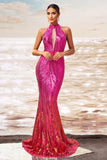 Sparkly Fuchsia Mermaid Sequin Long Prom Dress with Keyhole