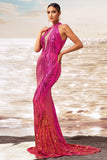 Sparkly Fuchsia Mermaid Sequin Long Prom Dress with Keyhole