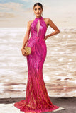 Sparkly Fuchsia Mermaid Sequin Long Prom Dress with Keyhole