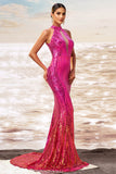 Sparkly Fuchsia Mermaid Sequin Long Prom Dress with Keyhole