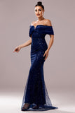 Sparkly Navy Sequin Mermaid Long Ruched Prom Dress