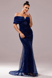 Sparkly Navy Sequin Mermaid Long Ruched Prom Dress