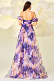 Purple Floral Print A Line Detachable Sleeves Long Prom Dress