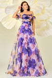 Purple Floral Print A Line Detachable Sleeves Long Prom Dress